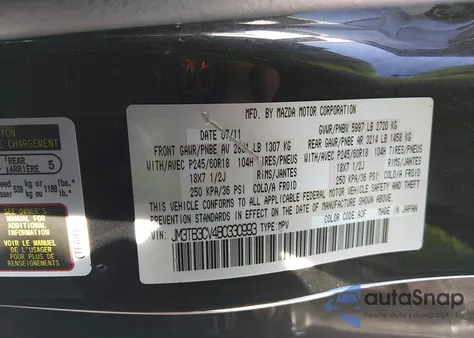 2011 Mazda Cx-9 Touring from USA, damaged, VIN JM3TB3CV4B0330993